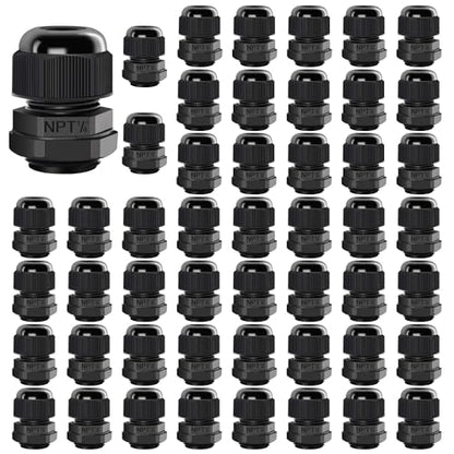 LeMotech 50 Pack NPT 1/4" Cable Glands Waterproof Adjustable 4-8mm Cable Connectors Black Nylon Joints with Gaskets - color: Black, size: 1/4inch 50-pack