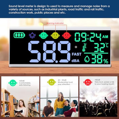 13 Inch Decibel Meter - Wall Hanging Sound Level Meter with Large LED Display, Noise, Temperature, Humidity, Time Monitor for Classroom