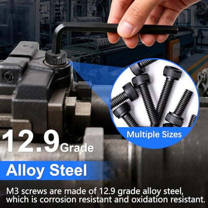 1015PCS M3 Screws Kit, M3x6/8/10/12/16/20/25/30mm Hex Socket Head Cap Screws Bolts Nuts Washers Kit, 12.9 Grade Alloy Steel Metric Machine Screw for 3D Printing - color: BK-M3 x 6-30mm