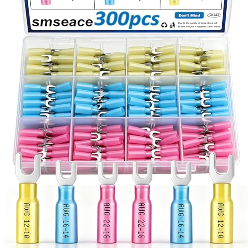 smseace 300PCS #10 Heat Shrink Fork Spade Wire Connectors - 22-16/16-14/12-10 AWG M5 U-Type Waterproof Electrical Crimp Terminals Tinned Red Copperctors Pack in Box - color: Multicolored, size: #10
