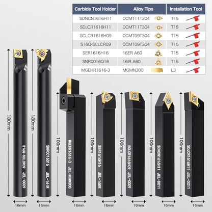 Indexable Lathe Turning Tools 21pcs Kit，5/8'' 16mm Shank - style: 7pcs 5/8'' 16mm Shanks +14pcs Inserts