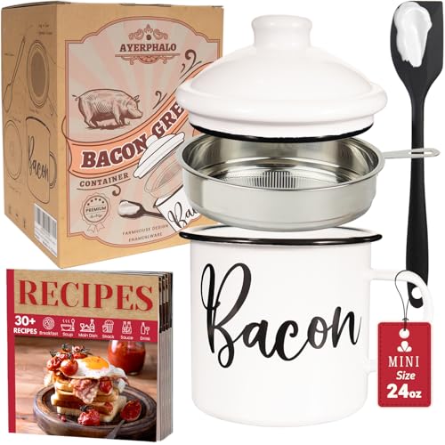 Ayerphalo 24oz Enamel Bacon Grease Container with Strainer, Farmhouse White - color: White, size: 24oz