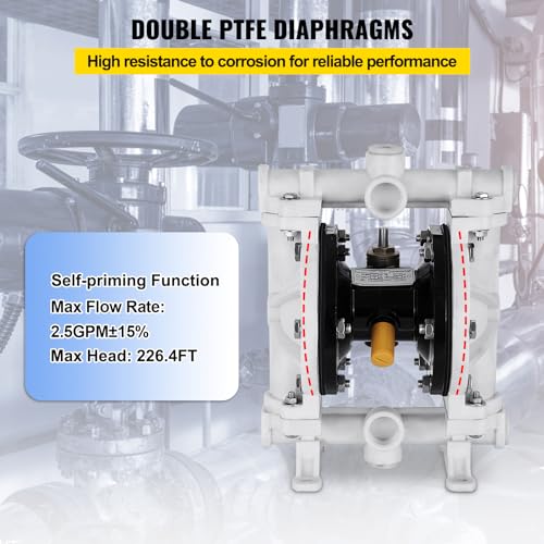 VEVOR Air-Operated Double Diaphragm Pump, 1/2 in Inlet & Outlet, Polypropylene Body, 2.5 GPM & Max 80PSI, PTFE Diaphragm Pneumatic Transfer Pump for Petroleum, Diesel, Oil & Low Viscosity Fluids - size: 2.5 GPM