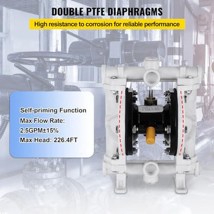 VEVOR Air-Operated Double Diaphragm Pump, 1/2 in Inlet & Outlet, Polypropylene Body, 2.5 GPM & Max 80PSI, PTFE Diaphragm Pneumatic Transfer Pump for Petroleum, Diesel, Oil & Low Viscosity Fluids - size: 2.5 GPM