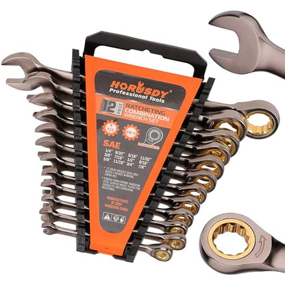 HORUSDY 12-Piece SAE Ratcheting Wrench Set | 1/4” to 7/8“ | Ratchet Combination Wrenches Set with Organizer | 72-Teeth | Chrome Vanadium Steel - style: 12-Piece SAE Ratcheting - Basic