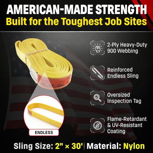 DD Sling 2" x 30' Nylon Endless Lifting Sling – USA Made, 12,800 lb Vertical, 10,200 lb Choker, 25,600 lb Basket – 2 Ply Heavy Duty 900 Webbing, Type 5 Endless Rigging Sling - size: 2"x30'