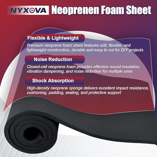 NYXOVA Neoprene Sponge Foam Sheet Roll, Closed Cell Foam Rubber Padding Without Adhesive, Soundproof Insulation, Shock Absorption for DIY, Gaskets, Crafts (1/2" x 13" x 60") - size: 1/2" x 13" x 60"