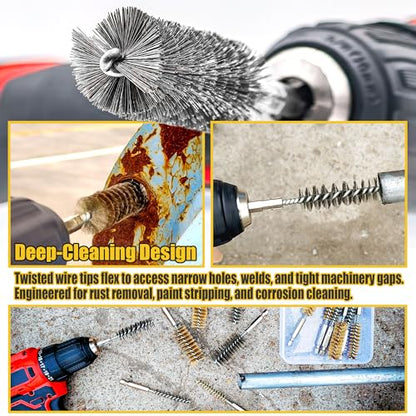 14-Piece Bore Brush Set - 304 Stainless Steel & Brass Drill Wire