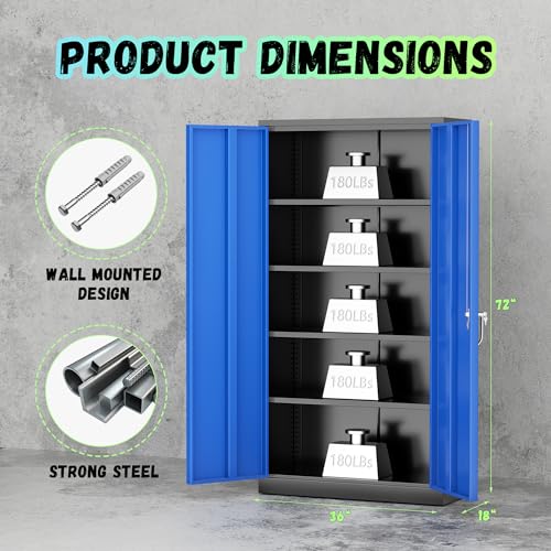 SUNCROWN 72" Metal Storage Cabinet - Heavy-Duty Metal Garage Cabinet with 4 Adjustable Shelves & 2 Doors for Tools, Office, Home, Workshop,Black & Blue - color: Blue & Black, size: 72"H x 36"W x 18"D