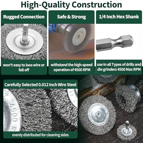 Yuahar 14Pcs Wire Wheel for Drill 1/4 Inch Hex Shank, Wire Cup Brush, Bore Cleaning Brushes, Nylon/Brass/Stainless Steel Bristles for Scrubbing Cleaning Rust, Dirt & Paint
