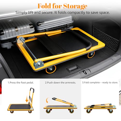 Heavy Duty Foldable Push Cart Dolly with 660 LBS Capacity - Collapsible Platform Truck with Swivel Wheels, Flat Bed Moving Wagon & Space Saving Handles - color: 660lbs-yellow