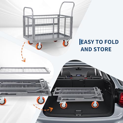 Platform Truck Cart with Cage, 6-in-1 Multi-Purpose Push Cart Dolly, Foldable Hand Truck Load 1800 LBS with 4 Wheels Flatbed Cart for Grocery, Laundry, Garage, Warehouse,Silver - color: Silver