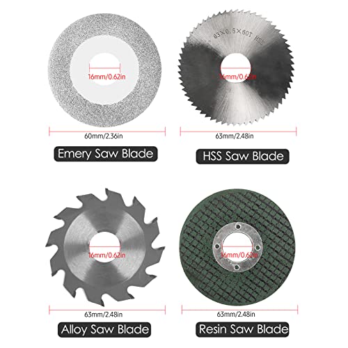 4PCS Saw Blade Set: 2.5in Diameter 63mm Alloy, HSS, Emery & Resin Blades for Metal, Glass, Ceramic, Wood, Plastic