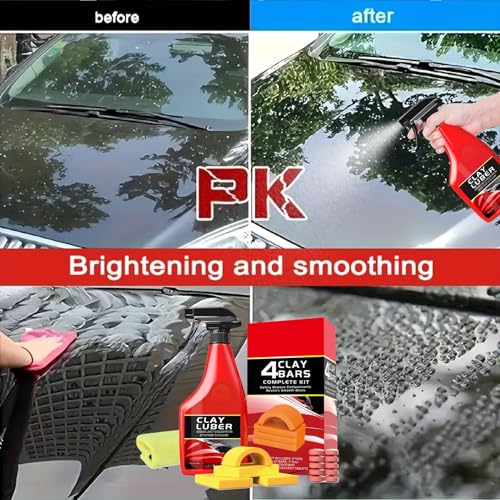 Car Clay Bar Kit - 4 Bars with Clay Luber Lubricant Spray & Applicator Grip - Professional Auto Detailing to Remove Contaminants, Restore Smooth Finish for Paint, Glass, Wheels & Plastic
