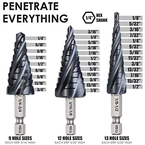 Matework 4 Spiral Flute Step Drill Bit Set, M35 Cobalt Unibit 3Pcs - size: 1/8"-7/8"