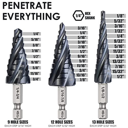 Matework 4 Spiral Flute Step Drill Bit Set, M35 Cobalt Unibit 3Pcs - size: 1/8"-7/8"