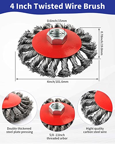 Rocaris 3 Pack Wire Wheel Brush for Angle Grinders,4 Inch Wire Brush for 4 1/2 Angle Grinder,4 Inch & 3 Inch Twist Knotted Wheels with 5/8" Thread Arbor for Removing Rust - style: 1*3” Cup Brush + 2*4” Wheel Brush