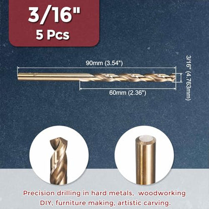 5pcs Drill Bit 3/16" Diameter 4.763mm M35 5% Cobalt HSS for Metal - size: 3/16" (4.763mm)