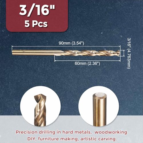 5pcs Drill Bit 3/16" Diameter 4.763mm M35 5% Cobalt HSS for Metal - size: 3/16" (4.763mm)