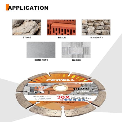 FEWELL 4 1/2 Inch Diamond Concrete Saw Blade,Segmented Concrete Blade for Angle Grinder Dry/Wet Cutting Masonry Brick Block Stone with 7/8"-5/8” Arbor - size: 4.5"