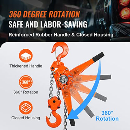 VEVOR Manual Lever Chain Hoist, 6 Ton 13200 lbs Capacity 20 FT Come Along, G80 Galvanized Carbon Steel with Weston Double-Pawl Brake, Auto Chain Leading & 360° Rotation Hook, for Garage Factory Dock - size: 6 Ton 20FT