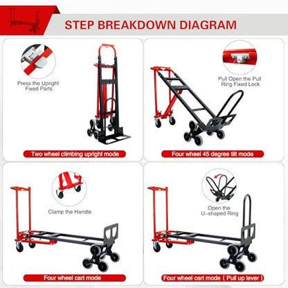 3 in 1 Stair Climbing Dolly Cart with Wheels 1000LBS(Red) - color: Red