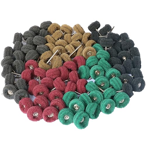 FPPO 100PCS Abrasive Buffing Polishing Wheel Set for Rotary Tool,Mini scouring pad Brush Polishing kit, Removal of Rust,Deburring on Metal Surface,with 3mm Mandrel - style: mix100pcs