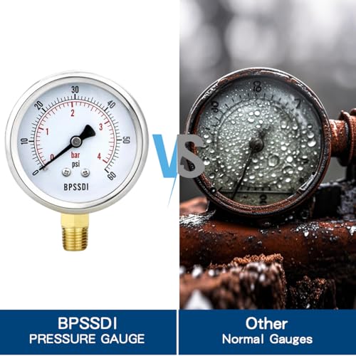 0-60 Psi Low Pressure Gauge, 2.5" Dial Size, 1/4" NPT Lower Mount, 304 Stainless Steel Case, Water Pressure Gauge Test for Water Pump, Pneumatic Air, RV Hose(with Tape) - size: 0-60 psi, style: Lower Mount