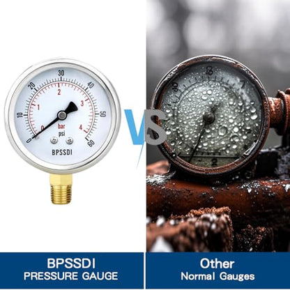 0-60 Psi Low Pressure Gauge, 2.5" Dial Size, 1/4" NPT Lower Mount, 304 Stainless Steel Case, Water Pressure Gauge Test for Water Pump, Pneumatic Air, RV Hose(with Tape) - size: 0-60 psi, style: Lower Mount