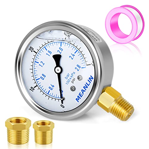 MEANLIN MEASURE 0~40Psi Stainless Steel 1/4" NPT 2.5" FACE DIAL Liquid Filled Pressure Gauge WOG Water Oil Air Lower Mount, with 1/2" NPT and 3/8" NPT Hex Bushing - size: 0-40Psi