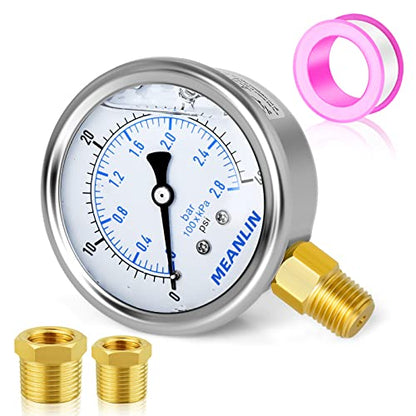 MEANLIN MEASURE 0~40Psi Stainless Steel 1/4" NPT 2.5" FACE DIAL Liquid Filled Pressure Gauge WOG Water Oil Air Lower Mount, with 1/2" NPT and 3/8" NPT Hex Bushing - size: 0-40Psi