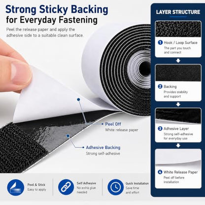 2 Inch Wide Heavy Duty Hook and Loop Tape Roll 16.4 Ft, Self Adhesive Strips with Strong Sticky Back, Removable Fastener for Wall Mounting, Home Organization, Car, No Residue - size: 2 in wide x 16.4 ft long