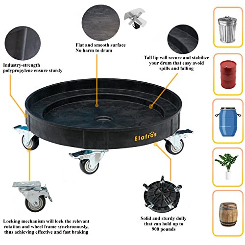 ELAFROS Heavy Duty Plastic Drum Dolly with Brake, 30/55 Gallon, 900lb Black - color: Black, size: 1 Pack With Brake