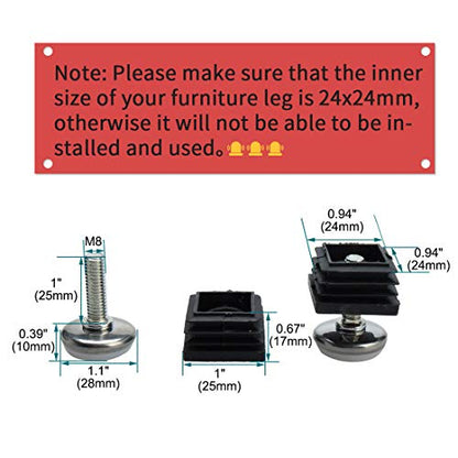 uxcell Leveling Feet 25 x 25mm Square Tube Inserts Kit Furniture Glide Adjustable Leveler for Table Desk Leg 8 Sets