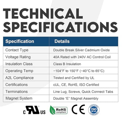 3-Pole Definite Purpose Contactor, 40A, 240V Coil, UL Recognized, A2L Cert. - size: 3P 40A 240V coil