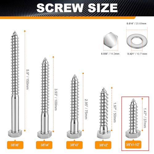 Hex Head Lag Bolts for Wood, Lag Screws 3/8" x 1-1/2",24 PCS - size: 3/8" x 1-1/2"