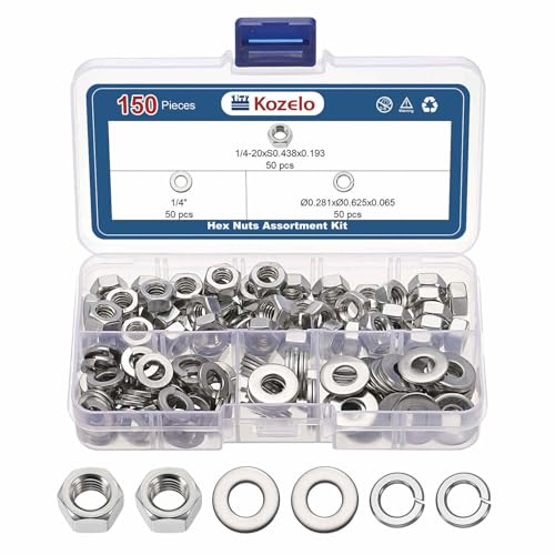 150pcs Hex Nut with Washer Assortment Kit 304SS Silver - size: 1/4"