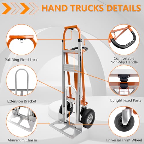Folding Hand Truck Dolly, 4 in 1 Convertible Aluminum Cart with 1000 lb Static Capacity, 10 in Pneumatic Wheels and 51 in Platform for Warehouse, Construction and Moving - color: Orange