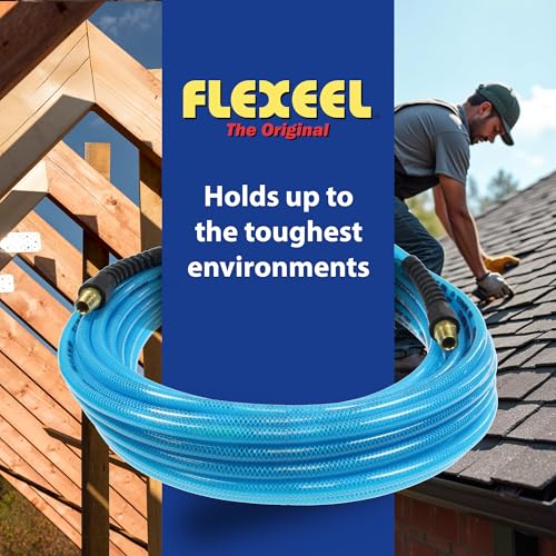 Coilhose Pneumatics PFE61004T Flexeel Reinforced Polyurethane Air Hose, 3/8-Inch ID, 100-Foot Length with (2) 1/4-Inch MPT Reusable Strain Relief Fittings, Transparent Blue - color: Transparent Blue, size: 3/8" X 100 Feet, 1/4" FTG