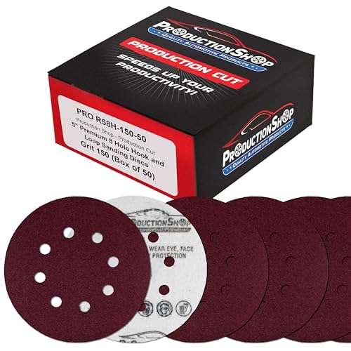 ProductionShop Premium 5" Red 8-Hole Pattern 150 Grit Sanding Discs, Box of 50 - Dustless Hook & Loop Backing Sandpaper for Random Orbital Sanders, Medium-Fine-Cut Abrasive - Woodworking, Auto Paint - style: 150 Grit