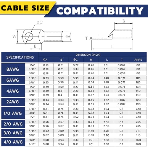 haisstronica 240PCS Tinned Cable Lug & Heat Shrink Kit AWG 8/6/4/2/0/00 - color: Tinned Copper, size: 240 PCS