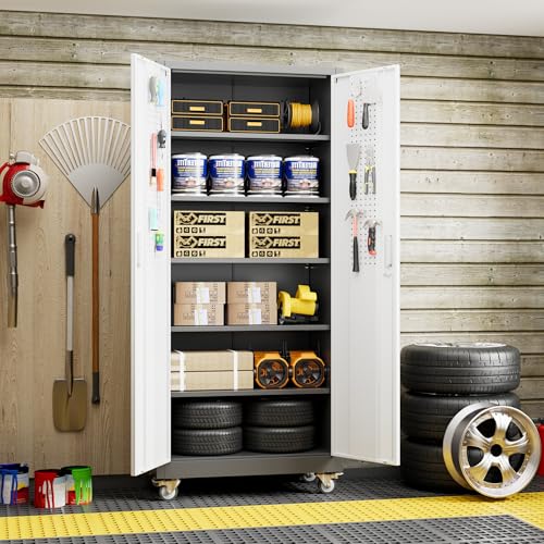 Reemoon 71" H Metal Garage Storage Cabinet with Wheels,Grey&White - color: White, size: 31.5" W x 16" D x 71" H