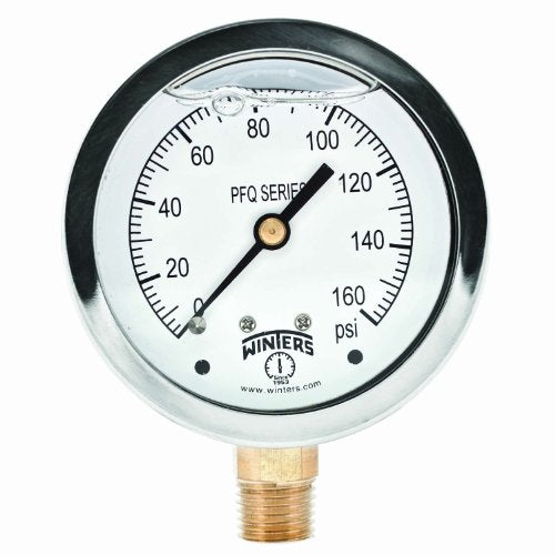 Winters 2-1/2" Dial Size, Liquid Filled Industrial Pressure Gauge, Brass Internals, 304 Stainless Steel Case, Single Scale 0-160 psi, 1.5% Acc, 1/4" NPT Bottom Mount, Glycerin Filled Pressure Gauge - style: 0/160 PSI