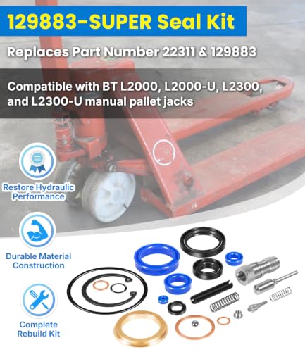 129883-SUPER Seal Kit Compatible with BT L2000 L2000-U L2300 L2300-U Manual Pallet Jacks, Hydraulic Unit Rebuild Repair Kit Includes U-Cups, O-Rings, Scrapers, Springs & Release Components