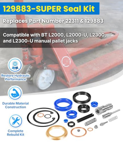 129883-SUPER Seal Kit Compatible with BT L2000 L2000-U L2300 L2300-U Manual Pallet Jacks, Hydraulic Unit Rebuild Repair Kit Includes U-Cups, O-Rings, Scrapers, Springs & Release Components