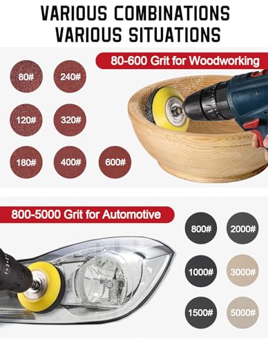 268-Pack 3 Inch Sanding Discs Drill Sanding Attachment, 80-5000 Grit Wet Dry Hook and Loop Sandpaper, Soft Foam Buffering Pad with 1/4" Shank Backing Plate for Car Wood Resin Metal - size: 3 Inch