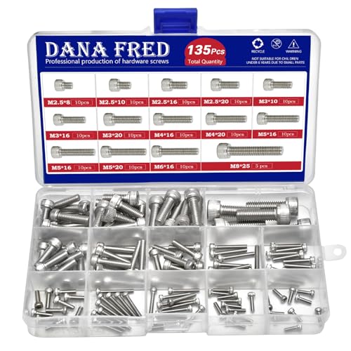 M2.5-M8 Hex Socket Head Cap Screw Metric Thread Hexagon Allen Machine Bolt 135Pcs M2.5 M3 M4 M5 M6 M8 304 Stainless Steel Metal Standard Fastener Hardware Assortment Set for Home Furniture Fastener