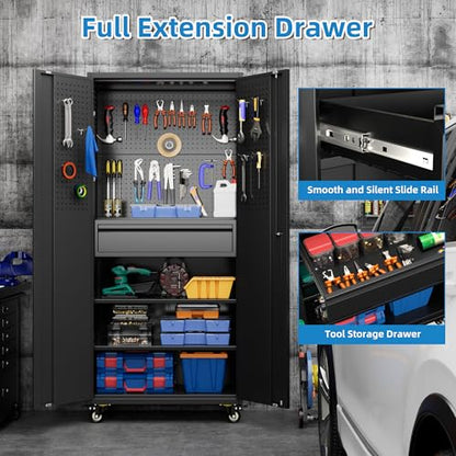 Reemoon 71" Metal Garage Cabinet with Wheels, Drawer and Pegboard - color: Black, size: 15"D x 30"W x 71"H