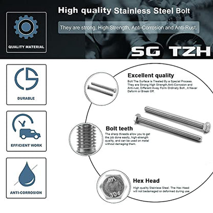 3/8-16 x 1-1/4" Hex Head Screw Bolt, 20Pcs 18-8 (304) Stainless Steel, Fully Threaded, Plain Finish, by SG TZH - size: 3/8-16 x 1-1/4"