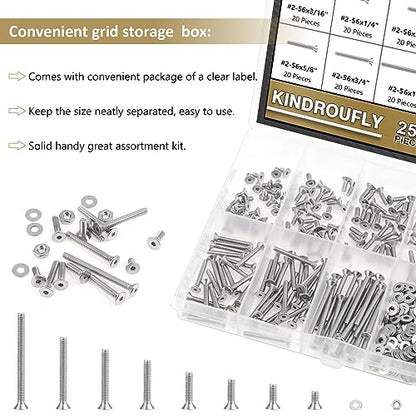 252 Pieces #2-56 x 3/16", 1/4", 5/16", 3/8", 1/2", 5/8", 3/4", 1", Countersunk Head Socket Cap Screws Nuts Washers Assortment Kit, 304 Stainless Steel, Fully Machine Thread - size: #2-56, style: Countersunk Head